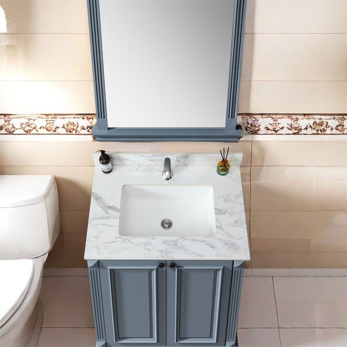 Elegant Bathroom Vanity Top With Rectangular Ceramic Sink And Backsplash