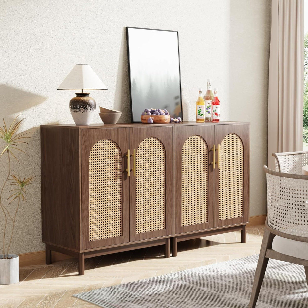 Sideboard Buffet Cabinet With Handwoven Rattan Doors (Set of 2) - Dark Brown