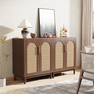 Sideboard Buffet Cabinet With Handwoven Rattan Doors (Set of 2) - Dark Brown