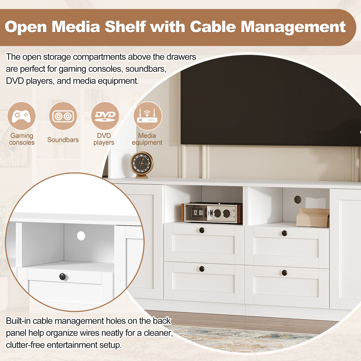 Farmhouse Elegant Entertainment Center Wall Unit with 4 Drawers