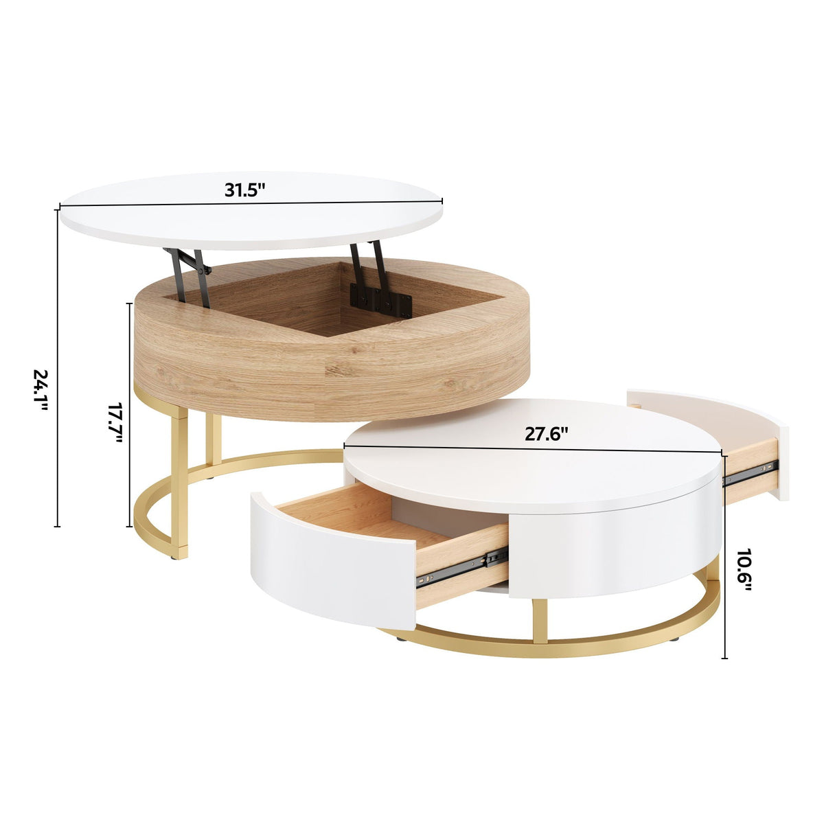 Changes Modern Round Nesting Coffee Tables with Lift-Top and 2 Drawers