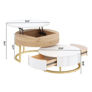 Changes Modern Round Nesting Coffee Tables with Lift-Top and 2 Drawers