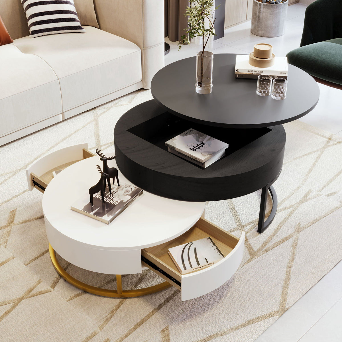 Changes Modern Round Nesting Coffee Tables with Lift-Top and 2 Drawers - view 3