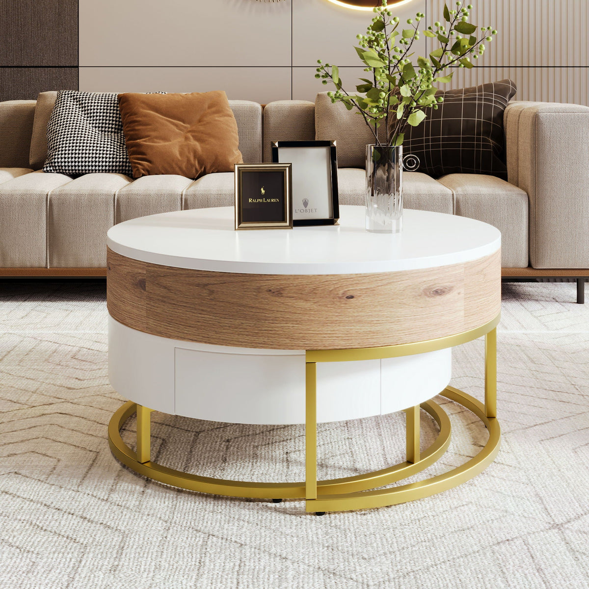 Changes Modern Round Nesting Coffee Tables with Lift-Top and 2 Drawers - view 4