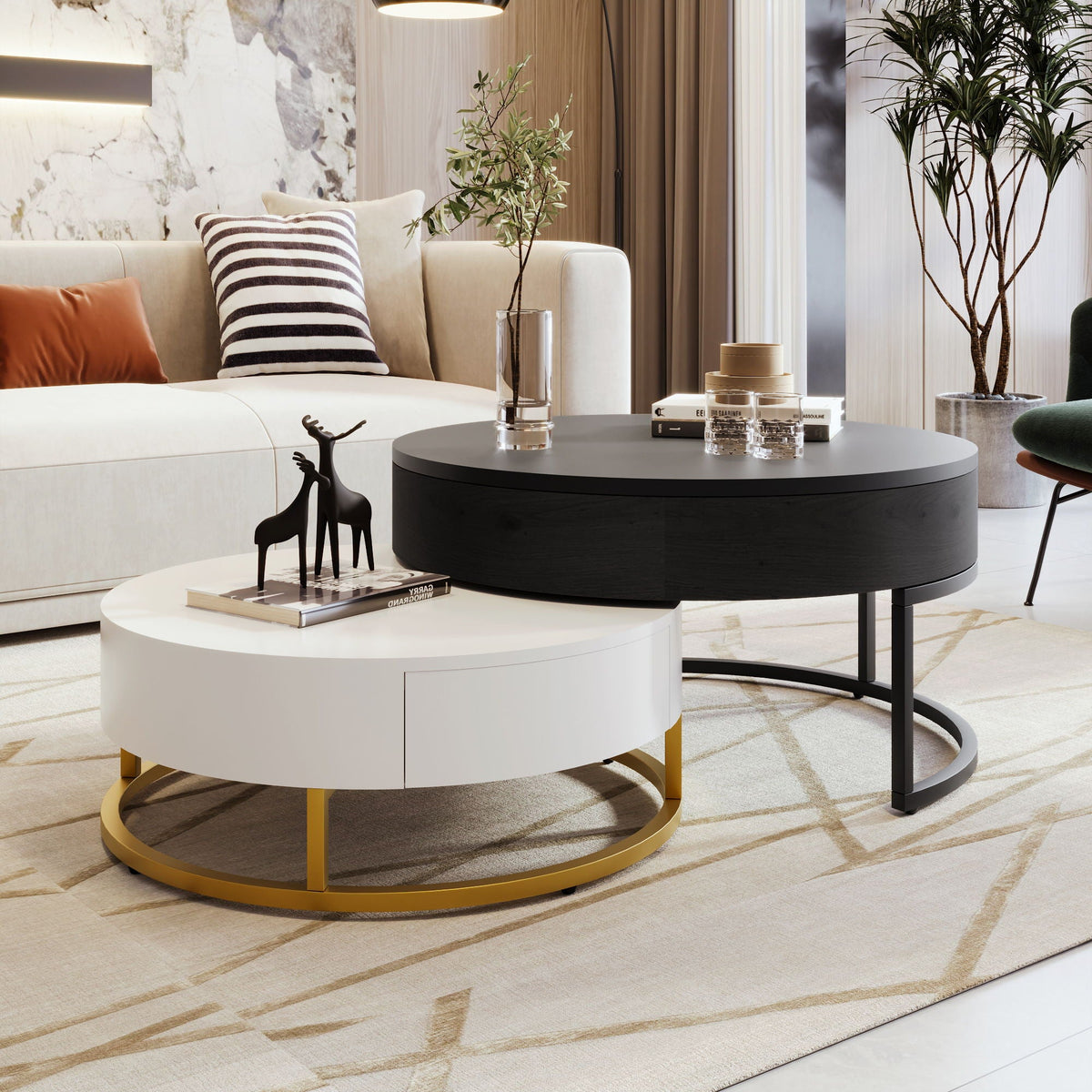 Changes Modern Round Nesting Coffee Tables with Lift-Top and 2 Drawers - view 6