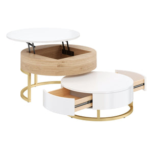 Changes Modern Round Nesting Coffee Tables with Lift-Top and 2 Drawers in White
