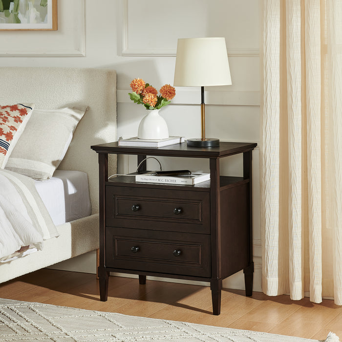 ChuangYuan Smart Home Wooden Bedside Nightstand with Open Cubby & 2 Storage Drawers