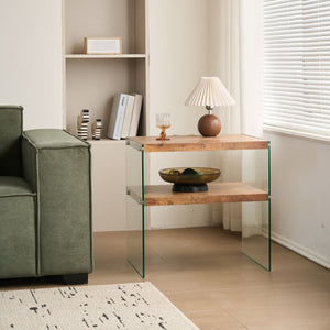 CJ FURNITURE-----W1718 Light Brown Side Table with Tempered Glass Top