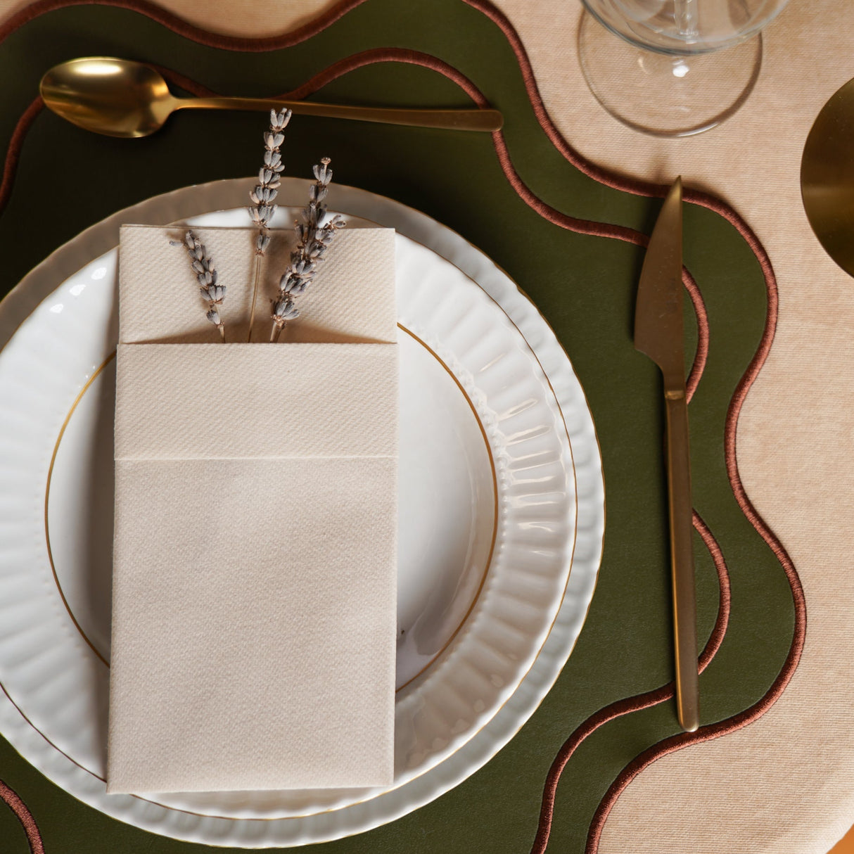 Haven Dark Green Brown Trim Faux Leather Placemat