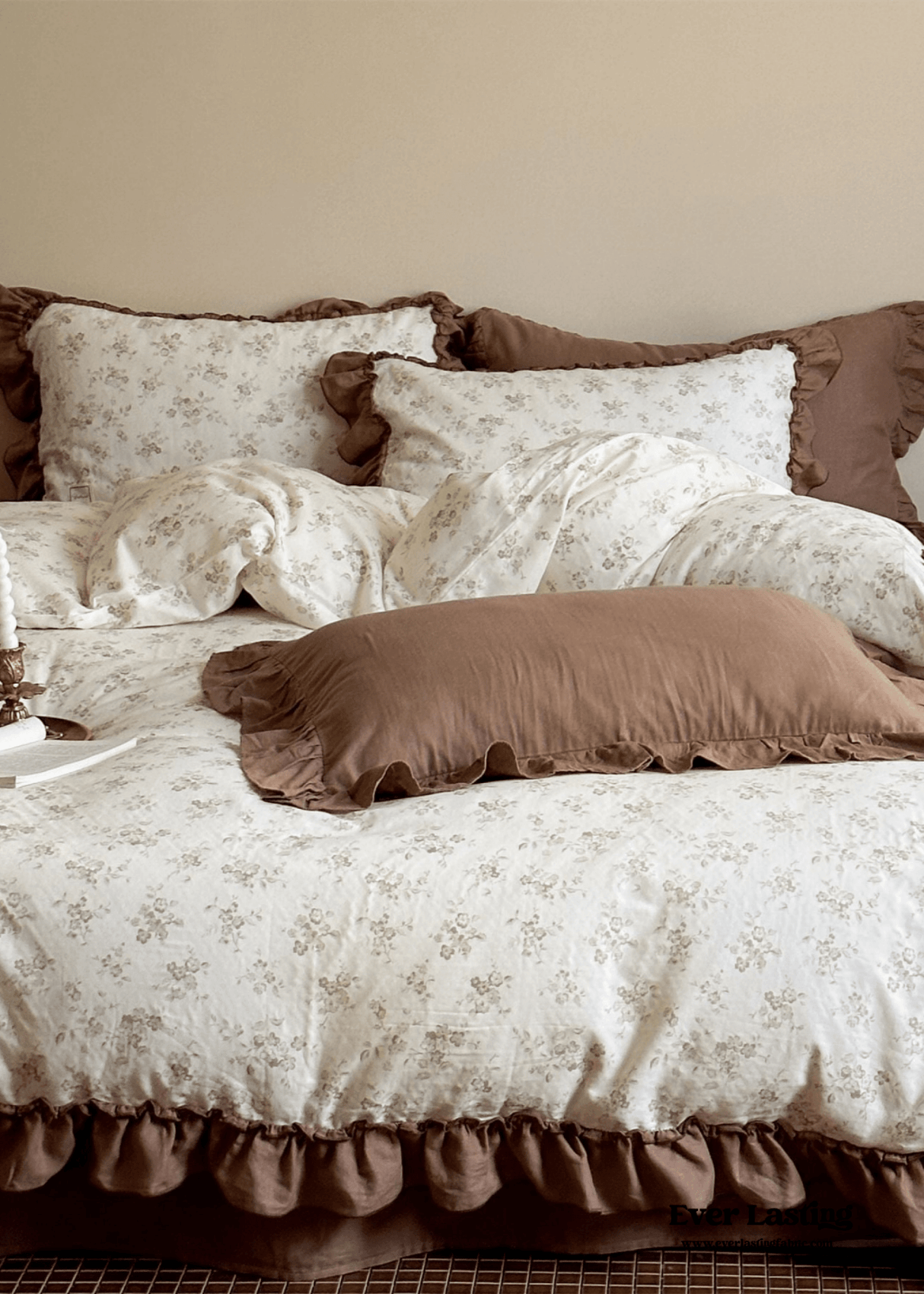 Cottage Inspired Ruffle Bedding Set / Soft Brown