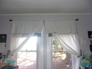 Modern Faux Linen Embroidered Edge Window Curtain Panel Set with Attached Valance