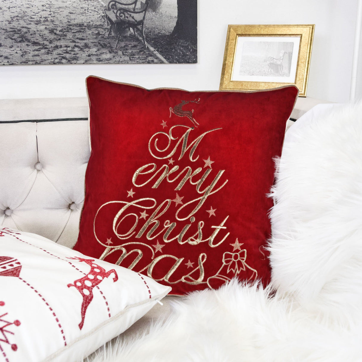Red Velvet Christmas Throw Pillow with Merry Christmas Embroidery