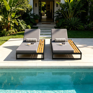 Black Iron & Teak Finish Chaise Lounge Set