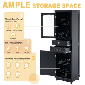 Tall Bathroom Storage Cabinet With Glass Doors, Free-Standing, Two Drawers, And Adjustable Shelves, Board, Painted Perfect For Displaying Your Favorite Items