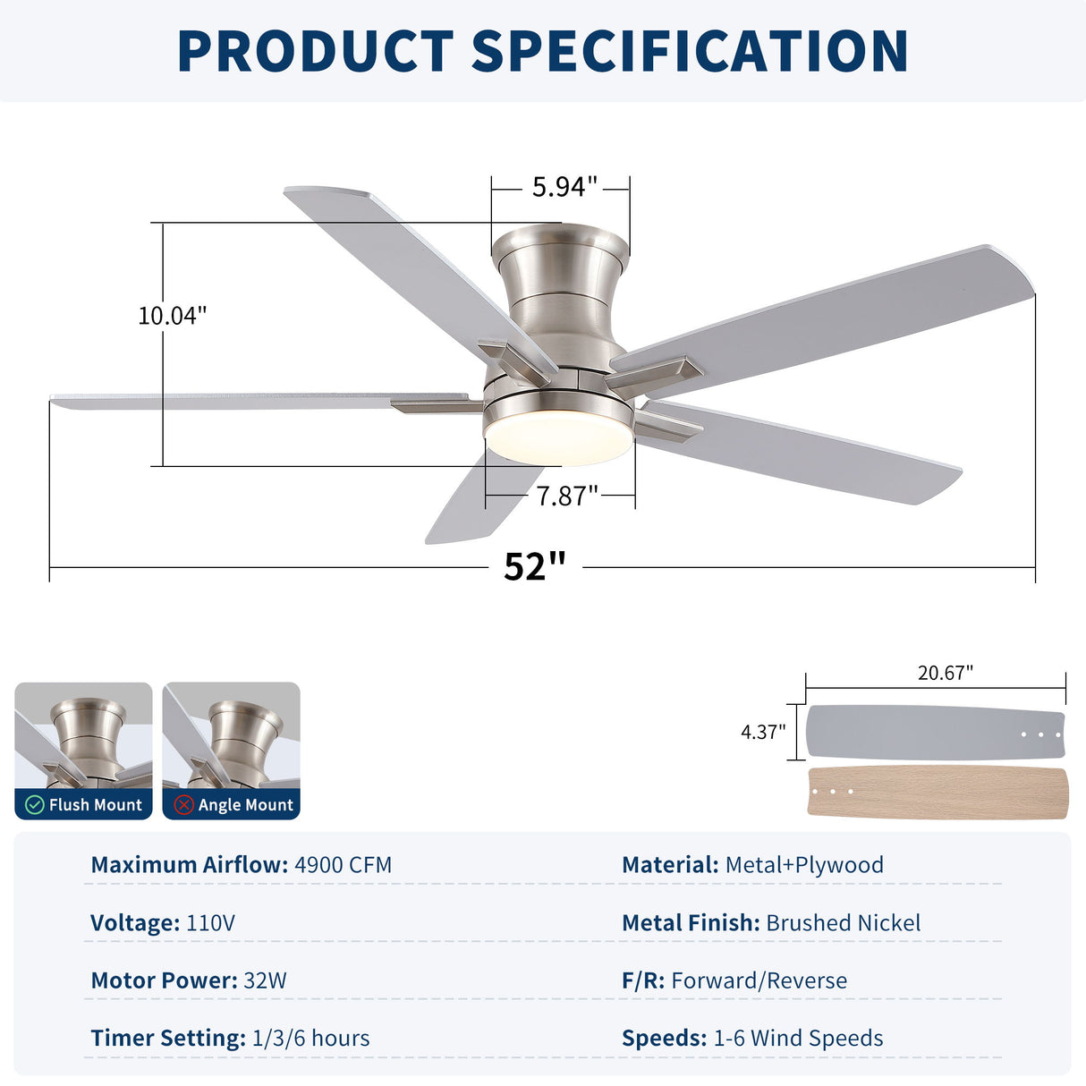 Mordern Flush Mount Ceiling Fan With Light And Remote Control
