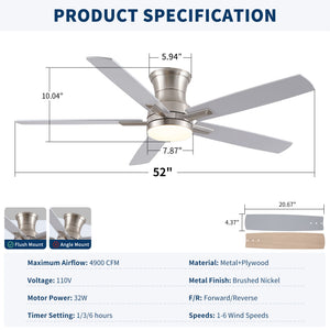 Mordern Flush Mount Ceiling Fan With Light And Remote Control