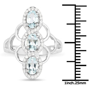 1.54 Carat Genuine Aquamarine and White Zircon .925 Sterling Silver Ring