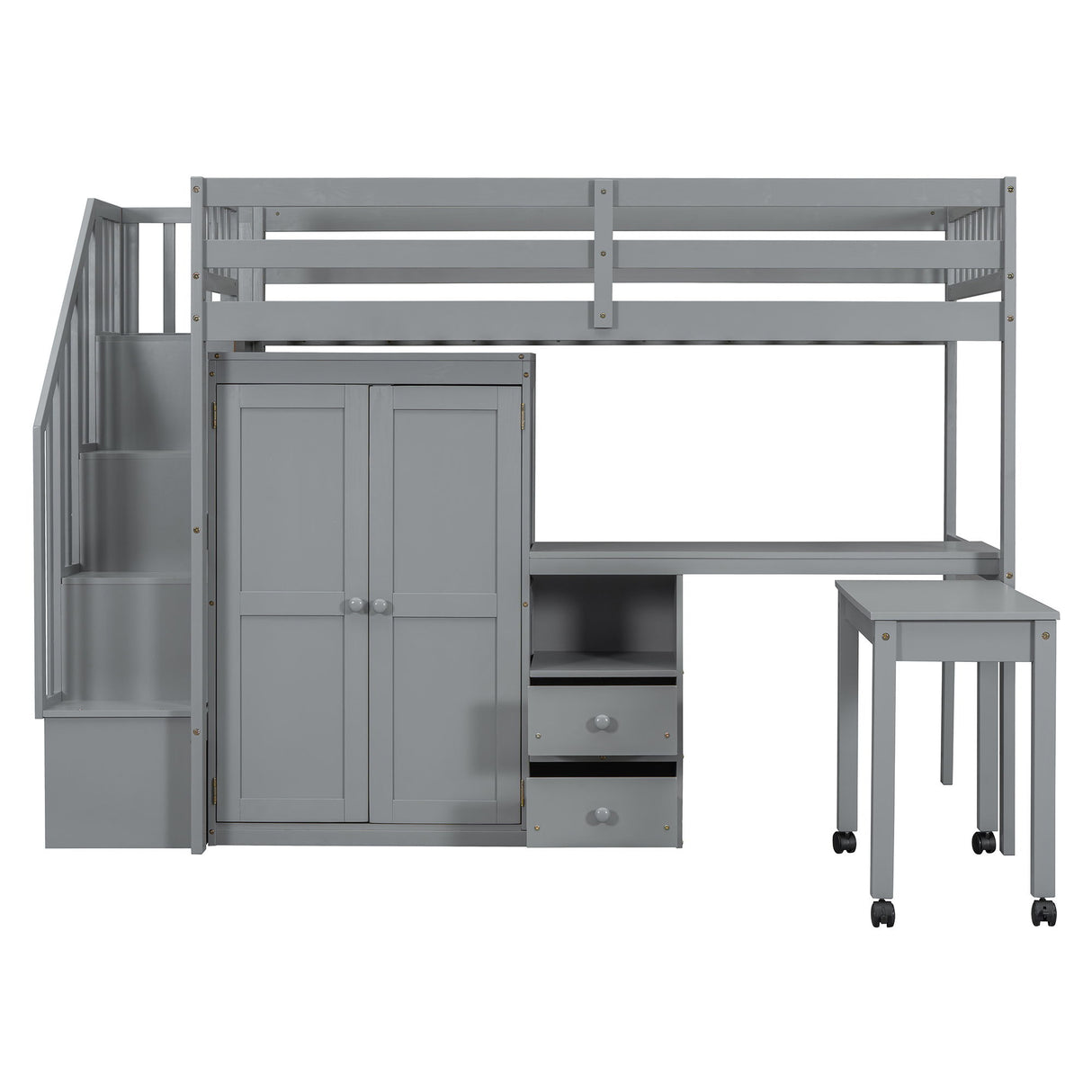 Loft Bed With Stairs, Bookshelf, Drawers, Desk & Wardrobe, Space Saving Multifunctional Furniture