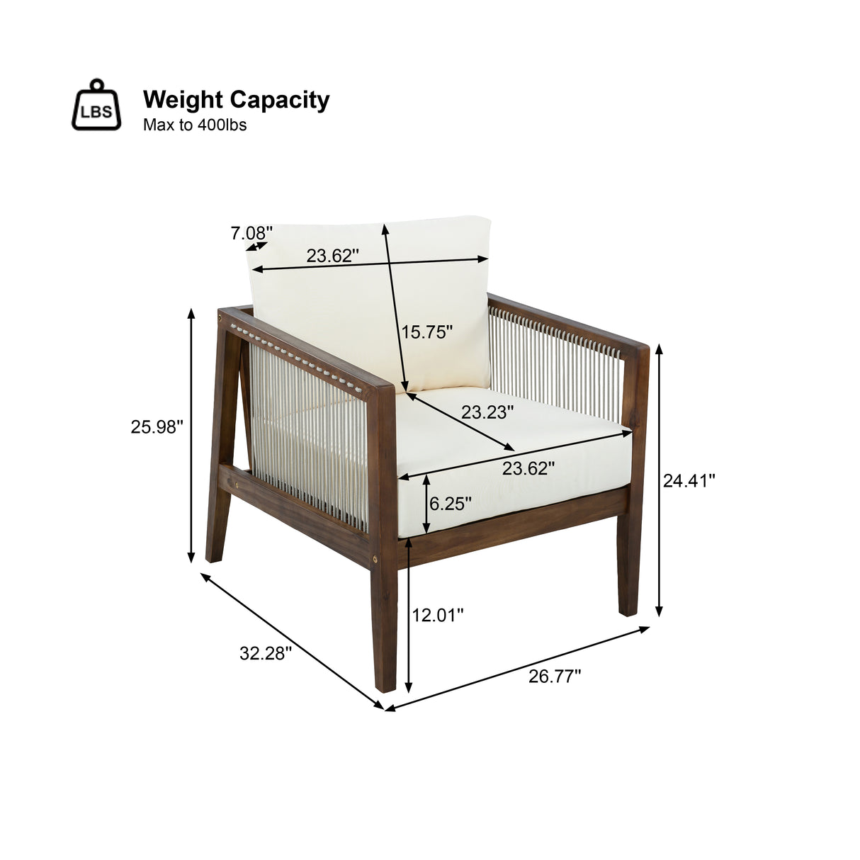 Outdoor Club Chairs (Set of 2), Acacia Wood Frame with Rope Back, Water-Repellent