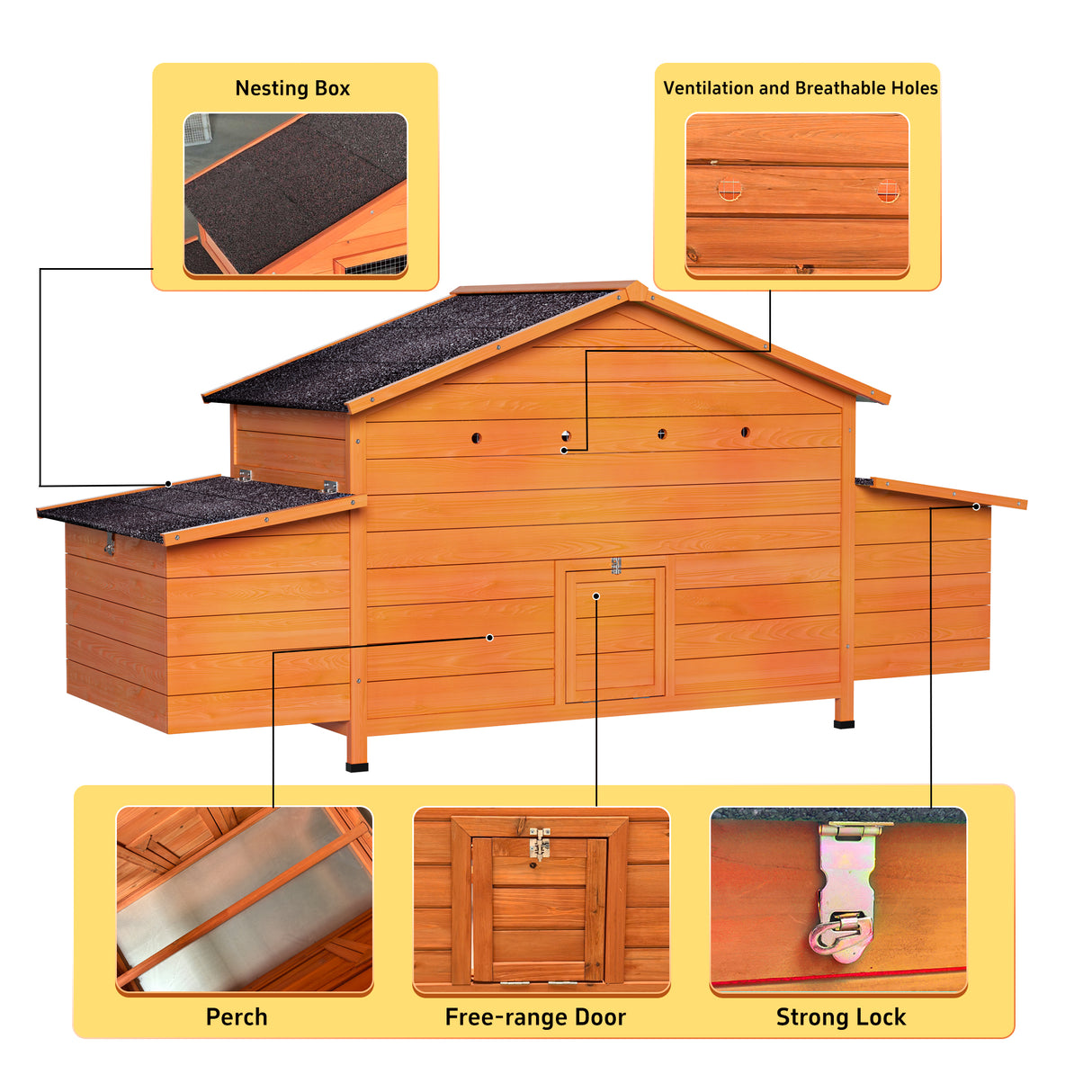 Large Wooden Chicken Coop with Nesting Box and Ventilated Hen House