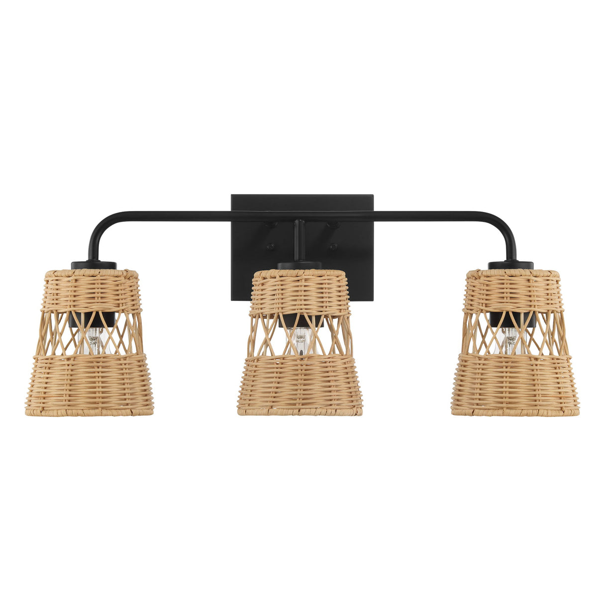 Moonlit - 3 Lights Wall Sconce With Shade, Bathroom Lighting Fixtures Over Mirror - Black / Rattan