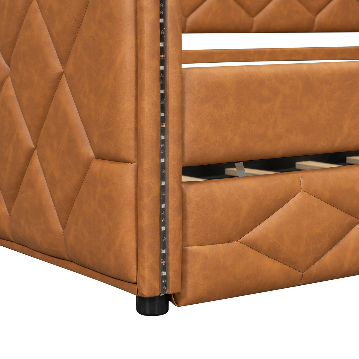 Upholstered Full Long Daybed With Trundle And LED Armrests - Brown