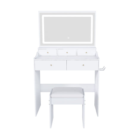 Modern Makeup Vanity Set With Power Outlet, Hair Dryer Holder, And Adjustable Lighting