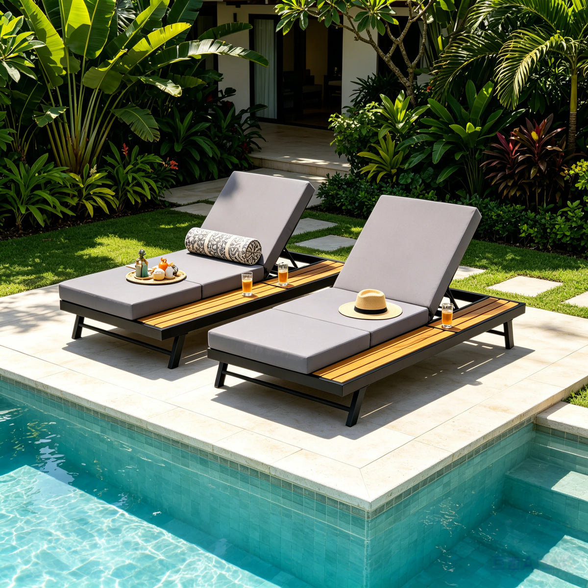 Black Iron + Teak Finish Chaise Lounge Set