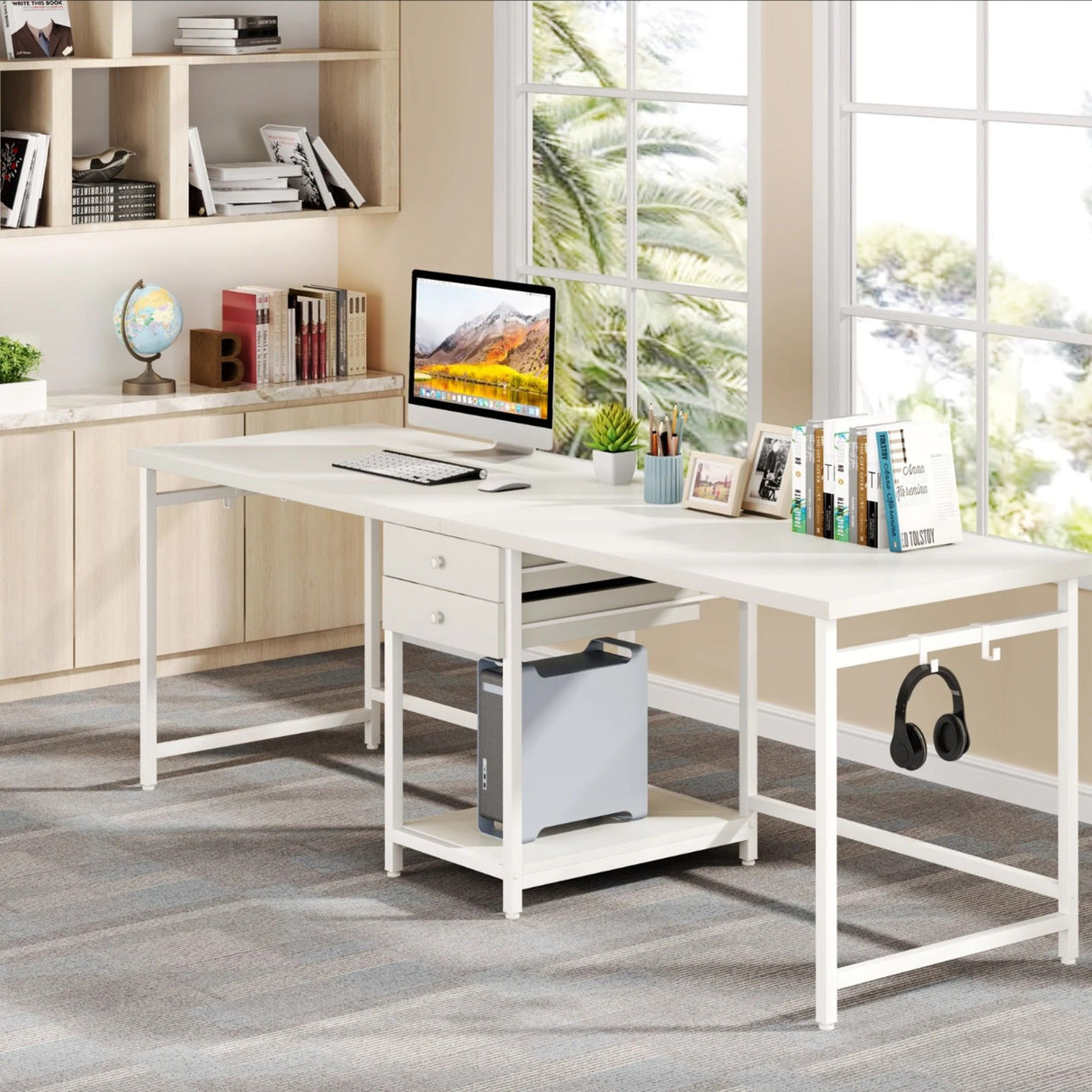 2 Person Computer Desk With Drawers And Shelves, Extra Long Double Workstation
