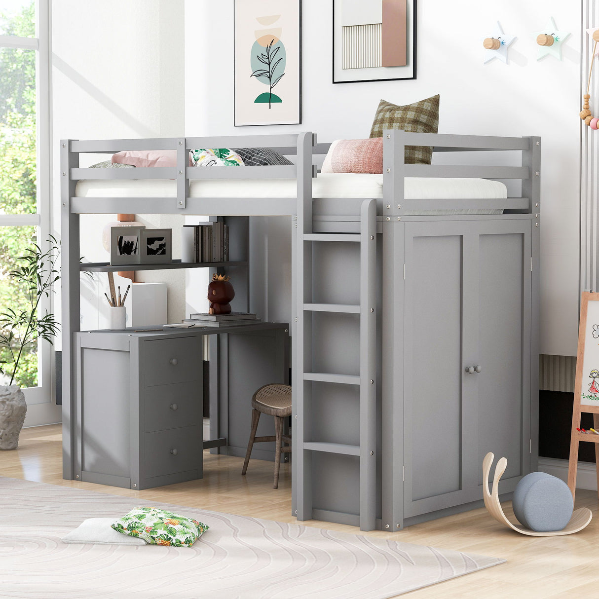 Loft Bed With Drawers, Desk, And Wardrobe