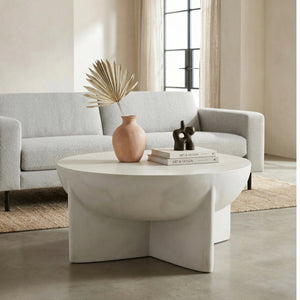 Matte White Round Coffee Table, Magnesium Oxide Sculptural Tripod Base