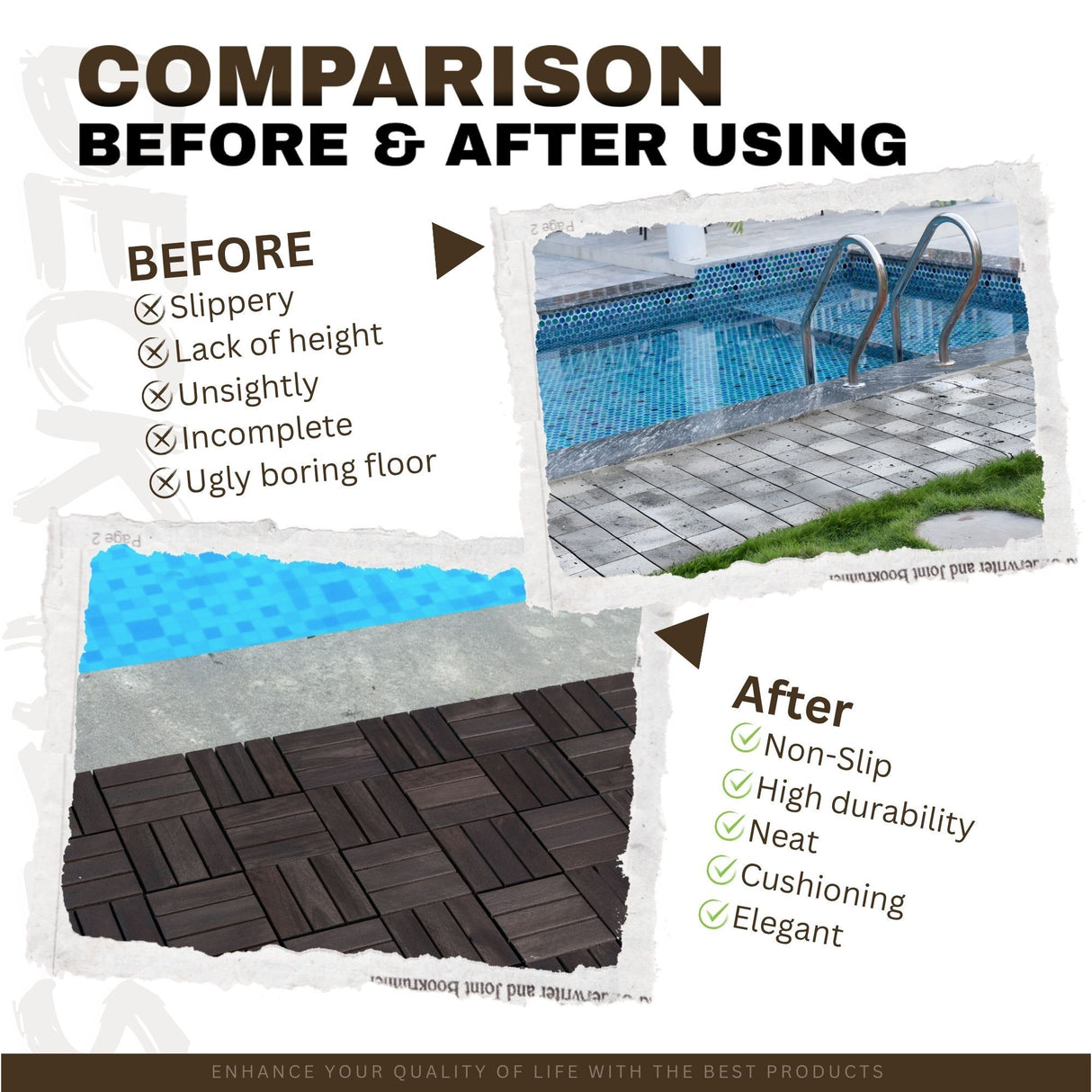 Acacia Wood Interlocking Deck Tiles Checker Pattern For Outdoor Flooring