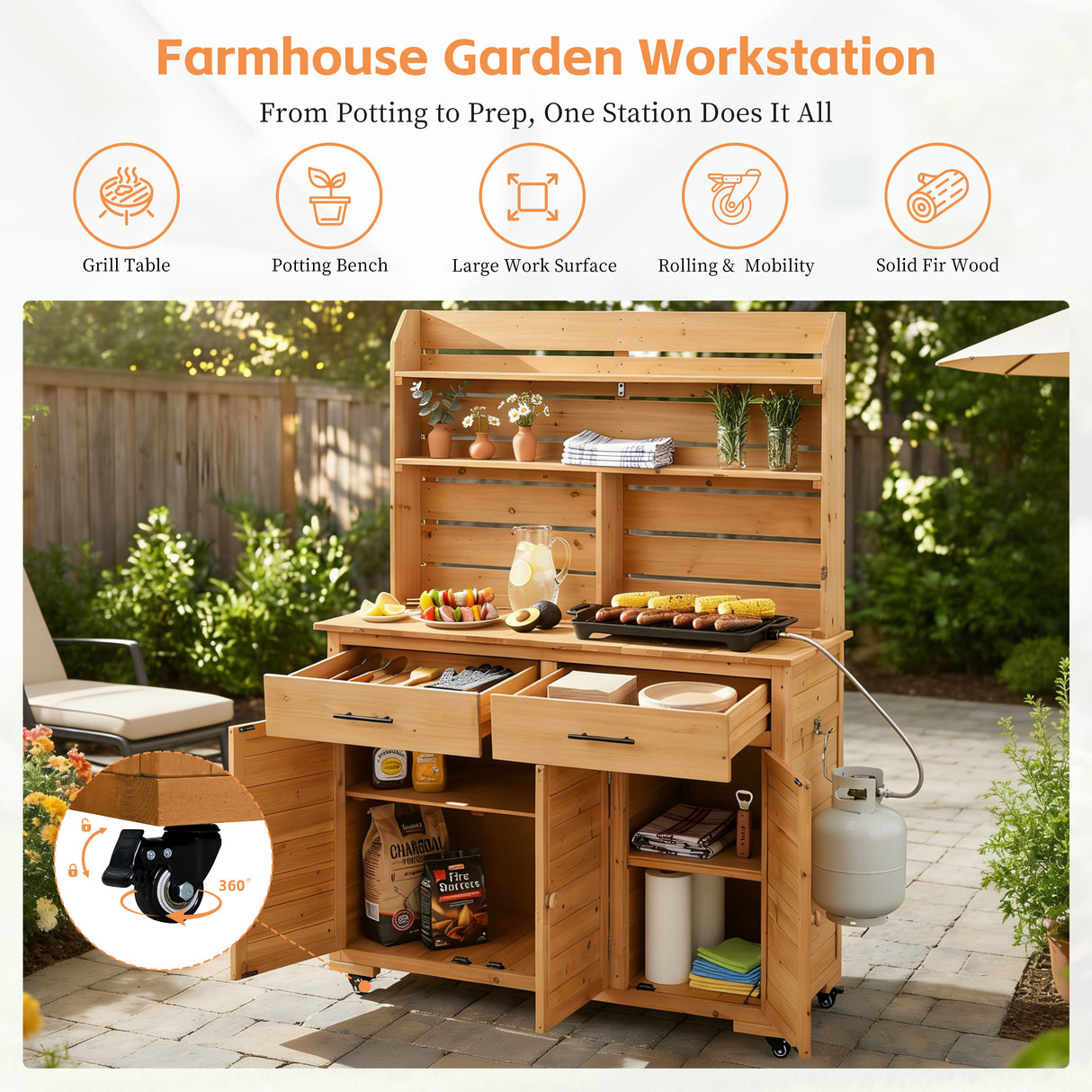 TOPMAX 65''H Large Garden Potting Bench with Lockable Wheels and Storage Cabinet
