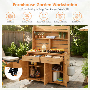 TOPMAX 65''H Large Garden Potting Bench with Lockable Wheels and Storage Cabinet