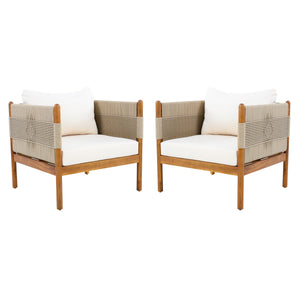 Outdoor Club Chairs (Set of 2) with Diamond-Pattern Beige Rope, Teak Finish