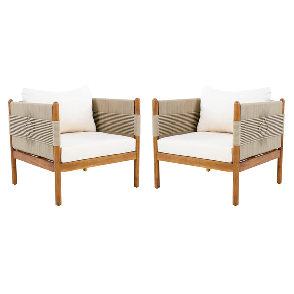 Outdoor Club Chairs (Set of 2) with Diamond-Pattern Beige Rope, Teak Finish