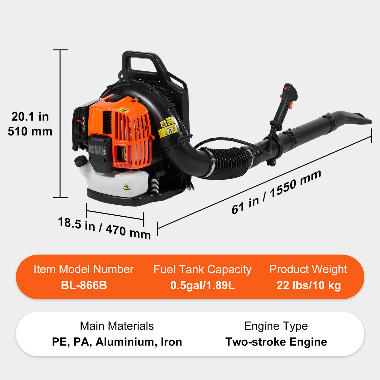 Backpack Leaf Blower 62CC 2-Cycle Gas Leaf Blower 1110CFM Air Volume