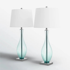 30-Inch Glass Table Lamps Set of 2, 3-Way Dimmable with USB Charging, Blue