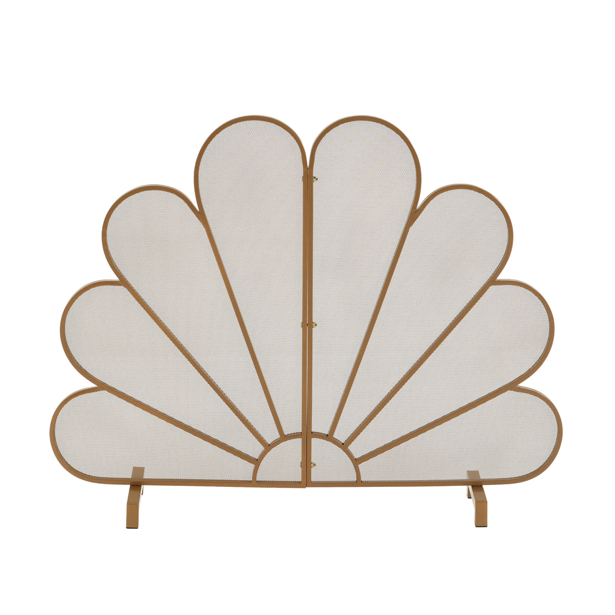 Gold Fan-Shaped Fireplace Screen with Mesh Spark Barrier - Gold