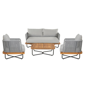 Lucca Outdoor 4-Piece Acacia Wood and Rope Woven Patio Conversation Set