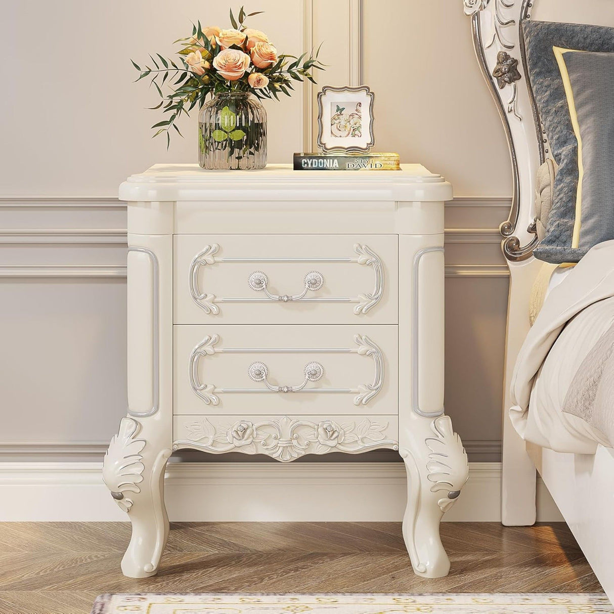 Carved Nightstand With 2 Drawers, Bedside Table - White
