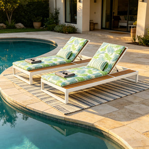 White Iron & Teak Finish Chaise Lounge Set