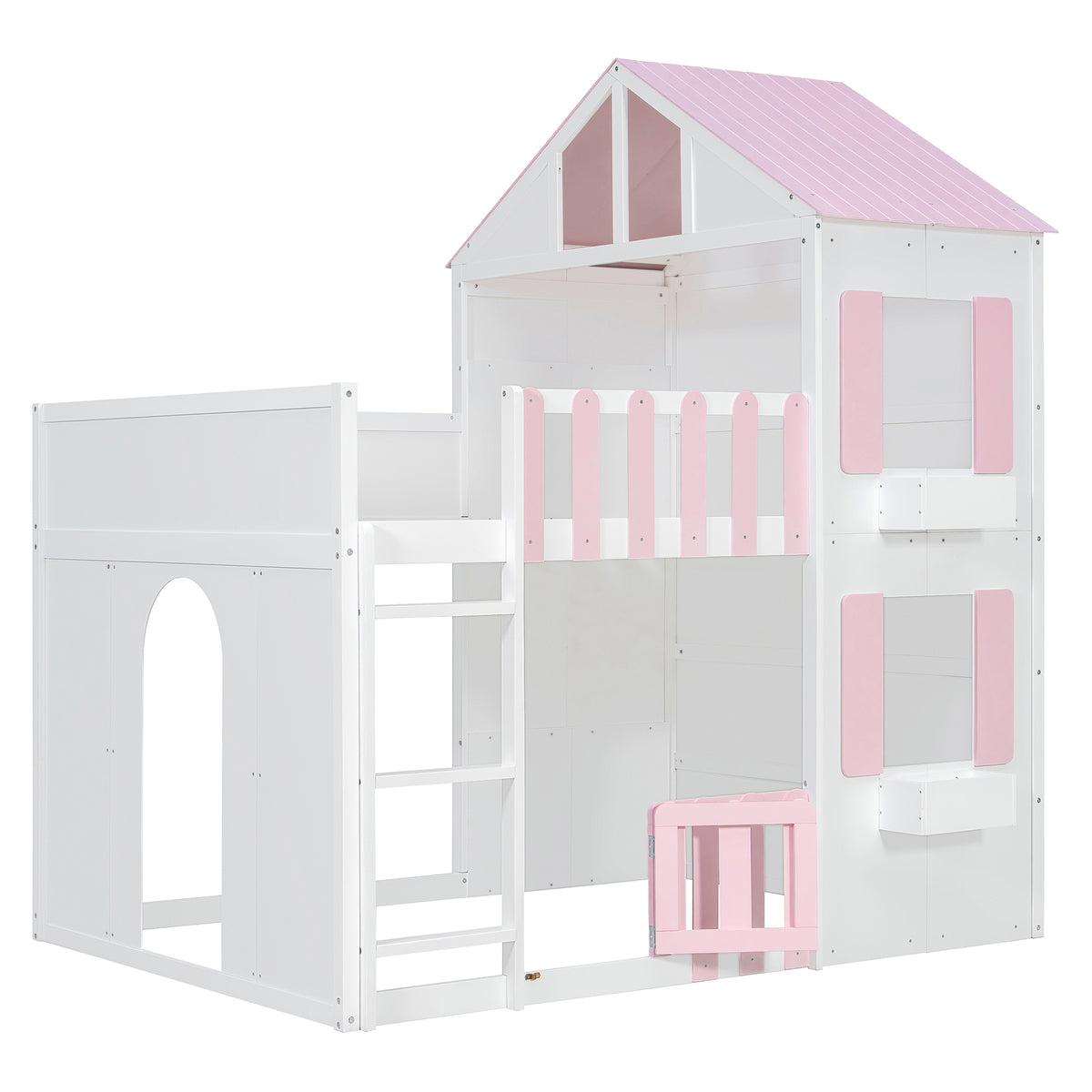 Full over Full House Bunk Bed with Storage - Pink