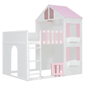 Full over Full House Bunk Bed with Storage - Pink