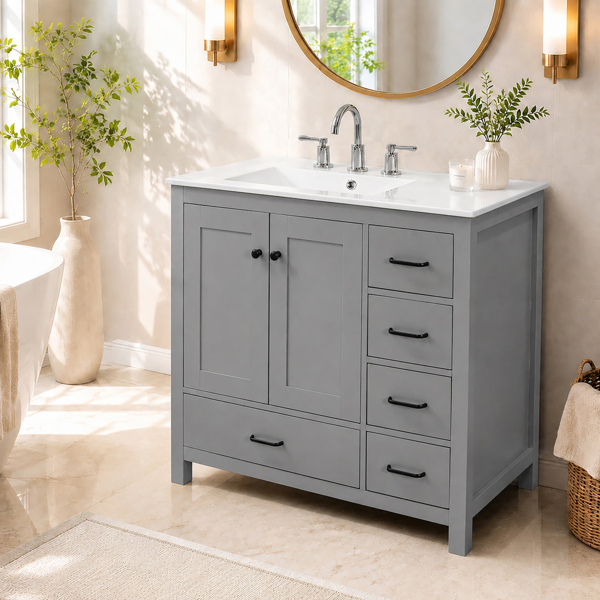 36" Gray Bathroom Vanity with Ceramic Sink Combo