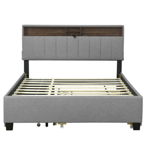 Upholstered Platform Bed With Storage Headboard, Trundle & 2 Drawers And A Set Of Sockets & USB Ports