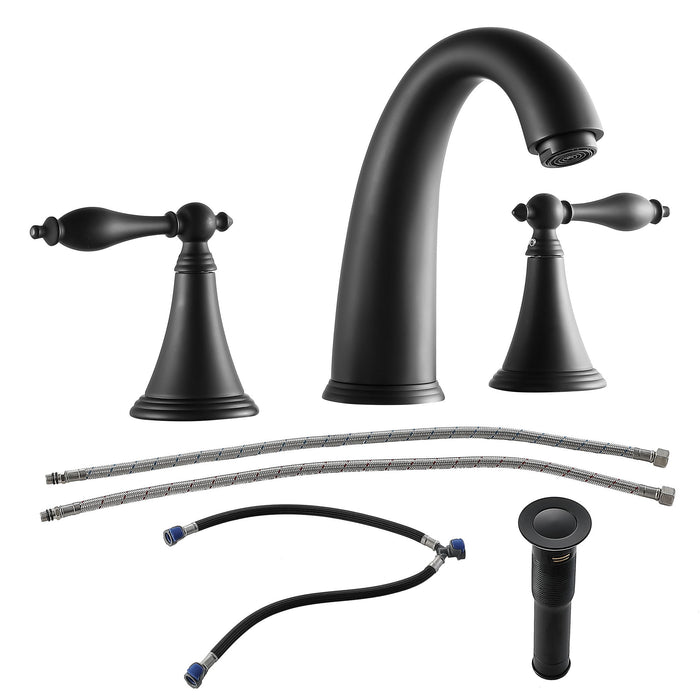 2 Handle Widespread Bathroom Faucet with Pop Up Drain and Water Supply Lines - Black, Gold, Gray
