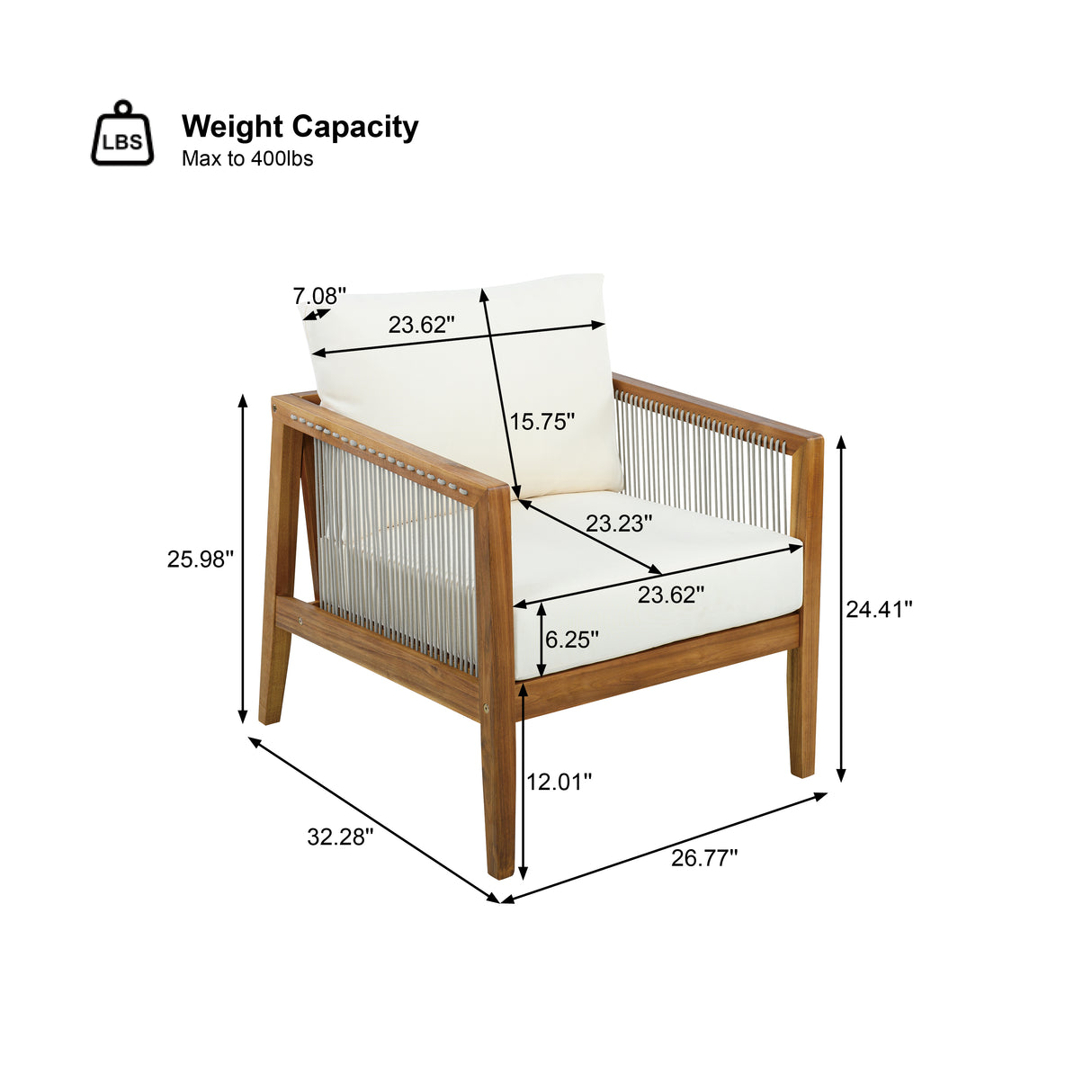 Outdoor Club Chair (Set of 1) - Acacia Wood Frame with Rope Back