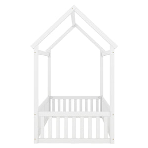 Wood House Bed With Fence And Door
