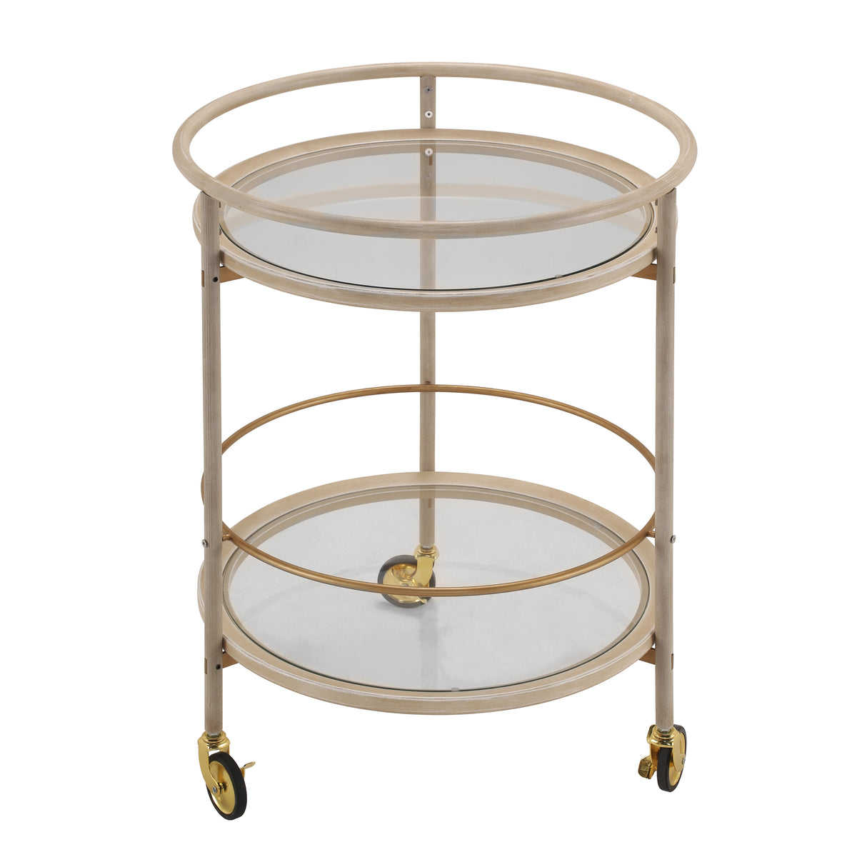 Round Bar Cart with Tempered Glass Shelves and Gold Accents